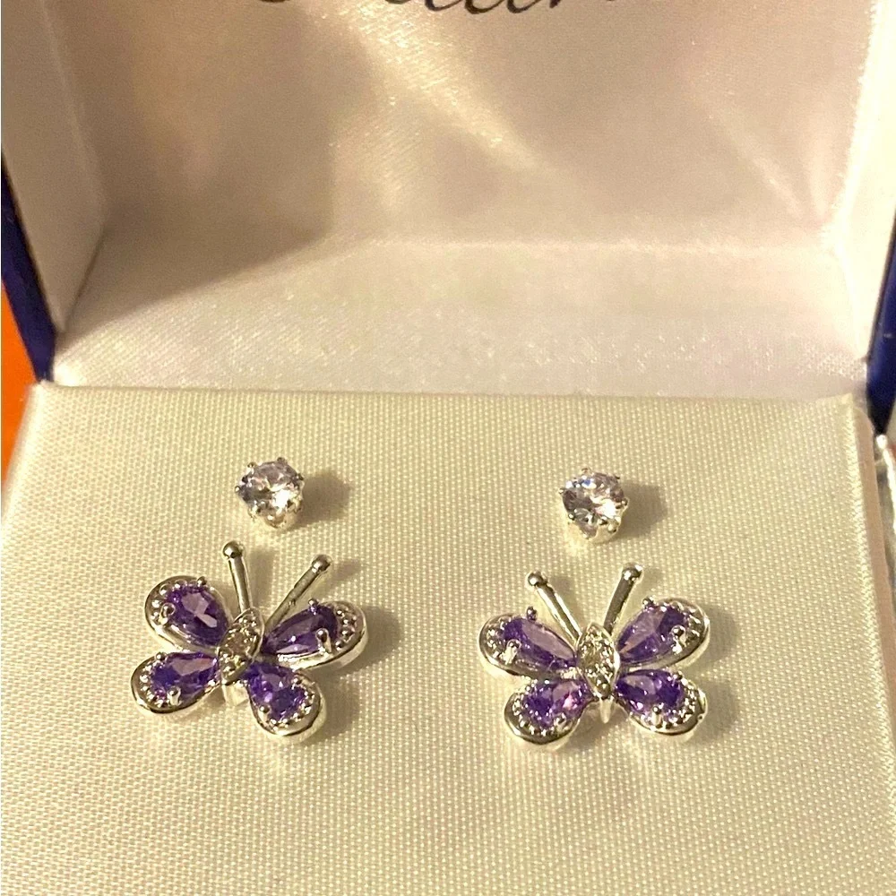 3J: 2 Pc: RADIANCE Earrings: 1 Purple & Butterfly & 1 Pair: Stud, NIB